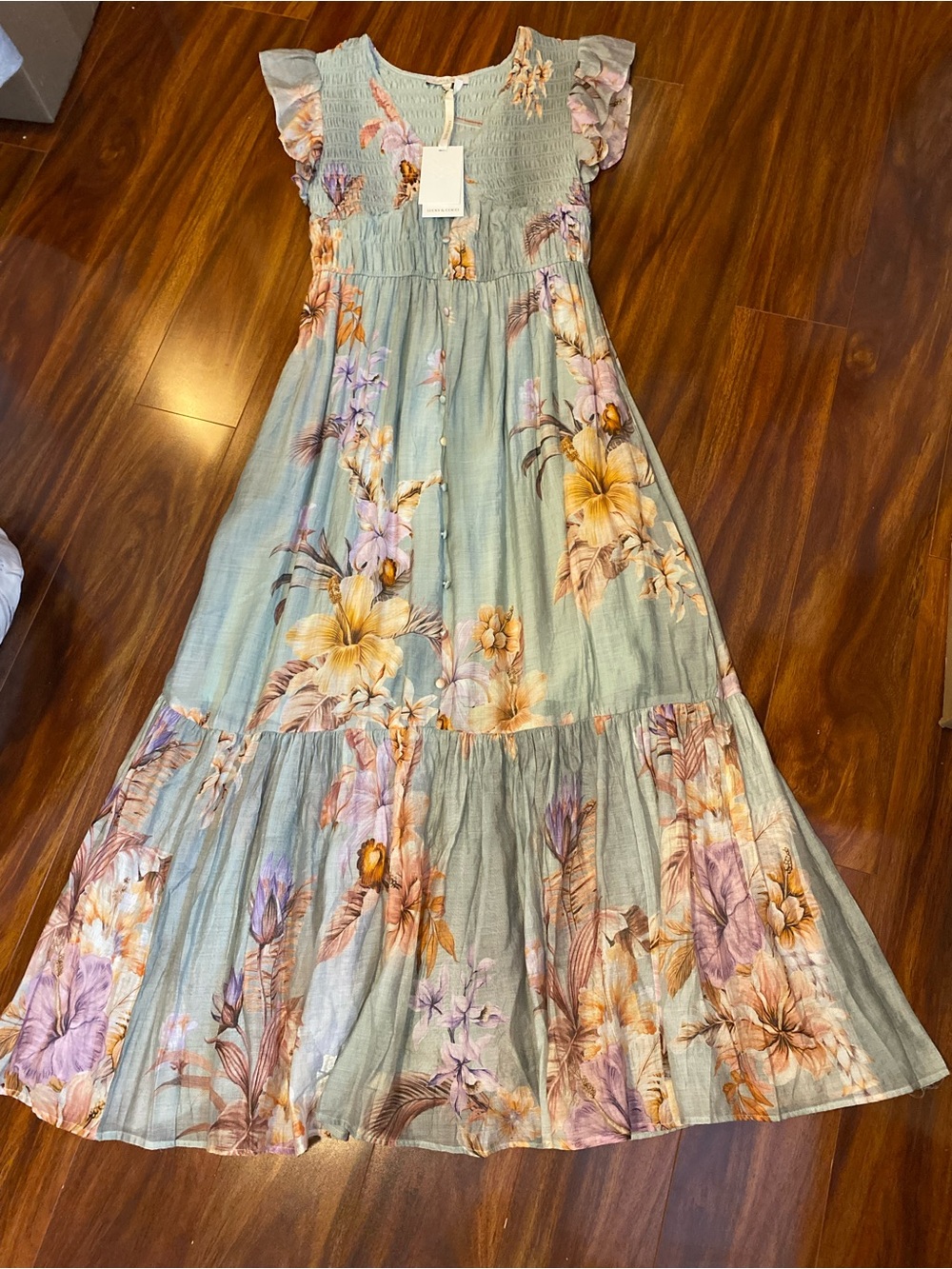 Lucky & Coco Sage green floral romantic maxi dress with pockets